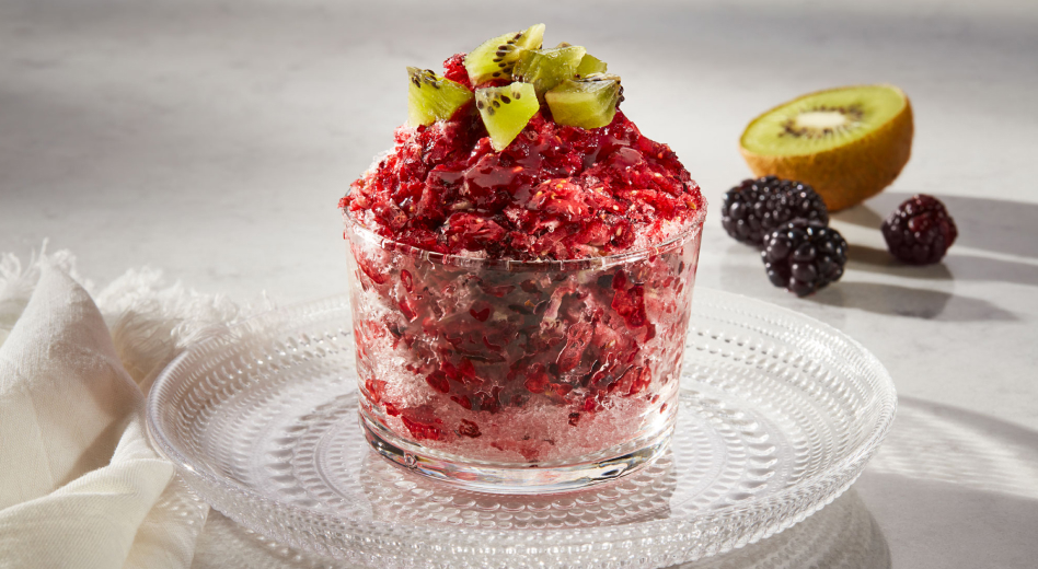 Blackberry Hawaiian shave ice topped with kiwi
