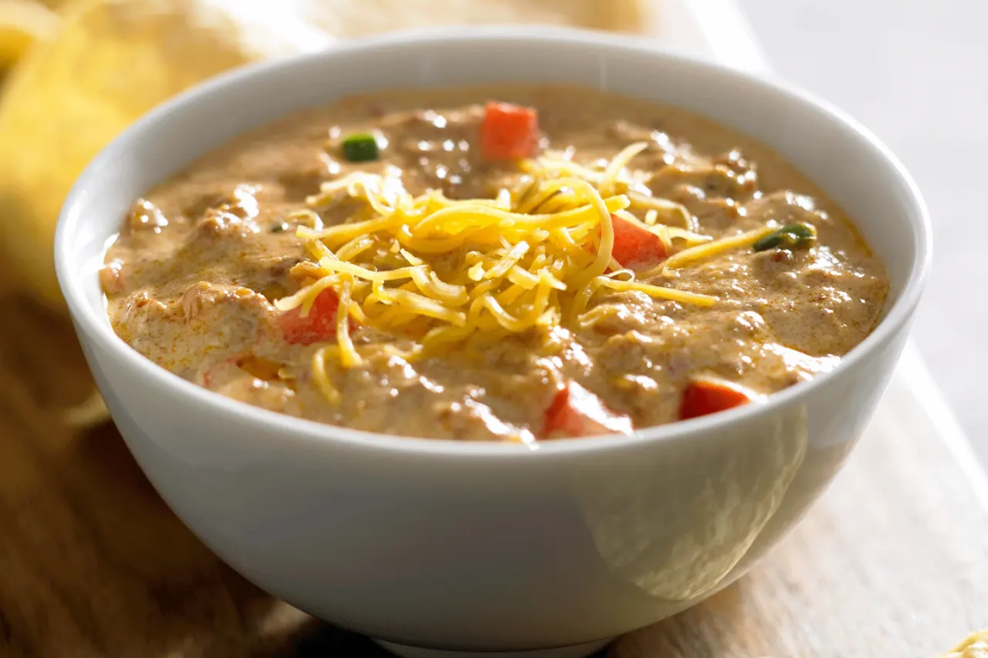 Close-up of bowl of queso with cheese sprinkled on top and mixed-in veggies