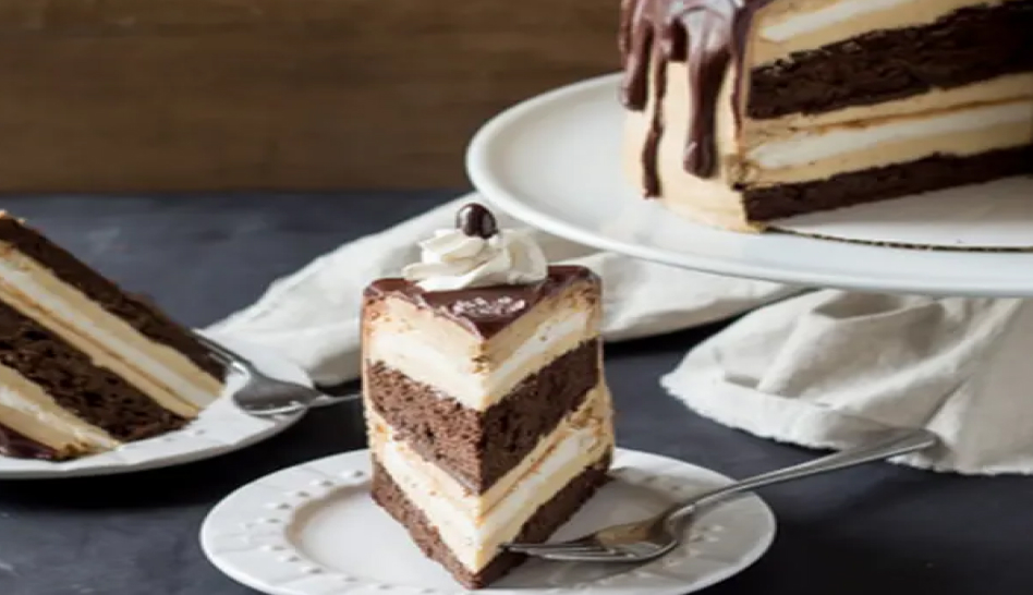 A slice of ice cream cake with a chocolate ganache topping