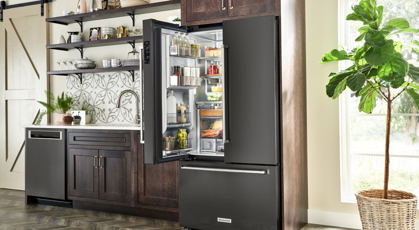 One side of french door refrigerator open