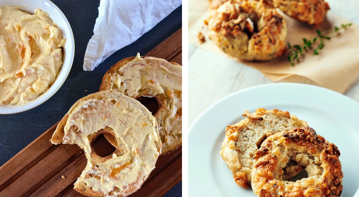 Apricot cheese spread on a bagel and parmesan herb bagels