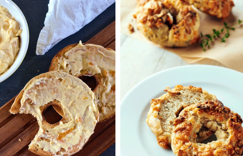 Apricot cheese spread on a bagel and parmesan herb bagels