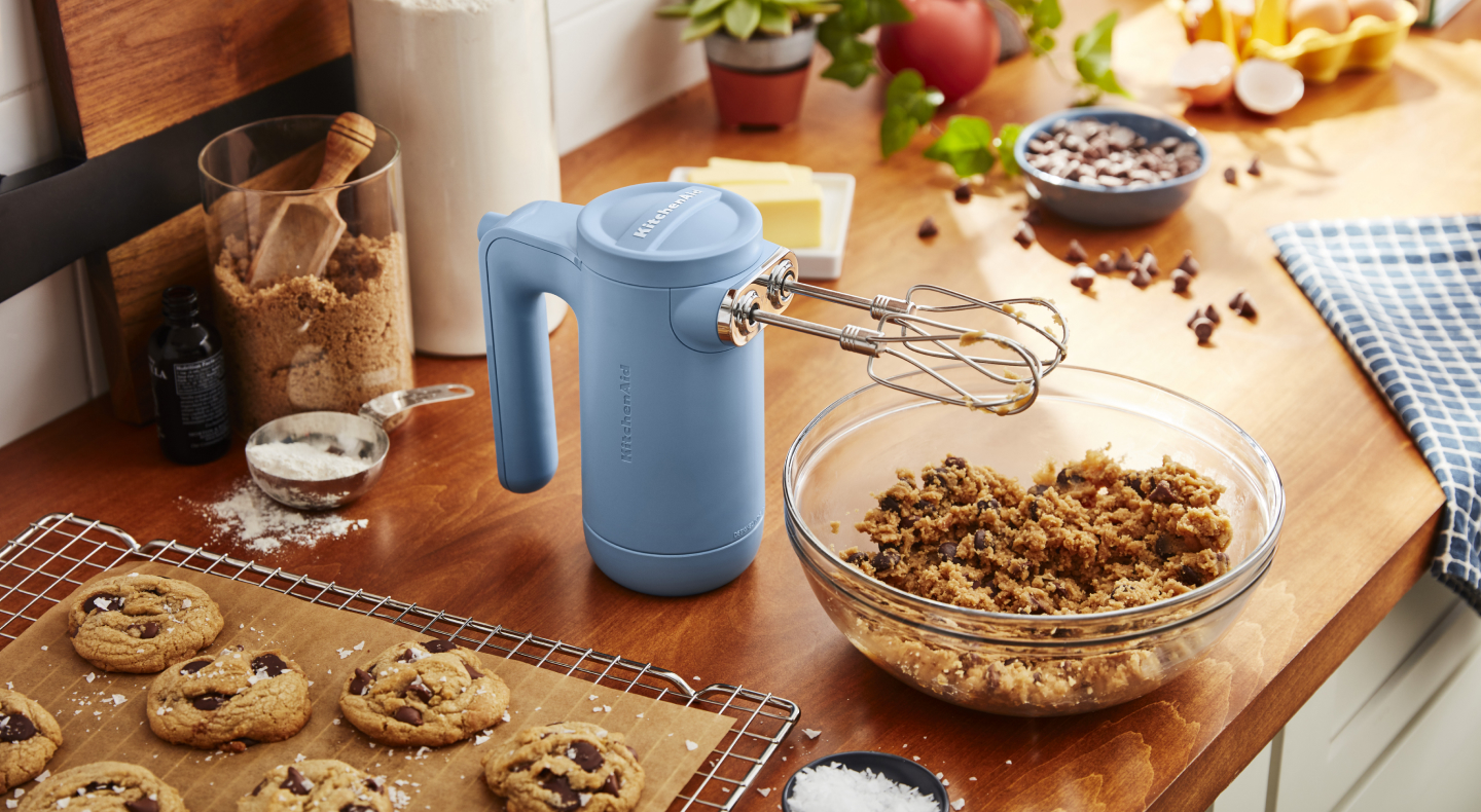 Cordless KitchenAid® hand mixer with cookie dough