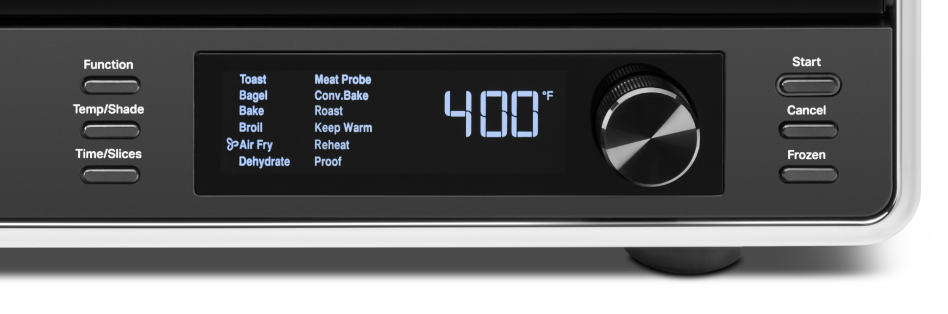 Close-up of air fryer settings control panel.