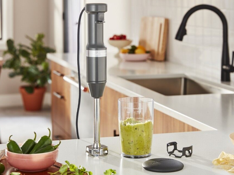 Gray KitchenAid® immersion blender on counter