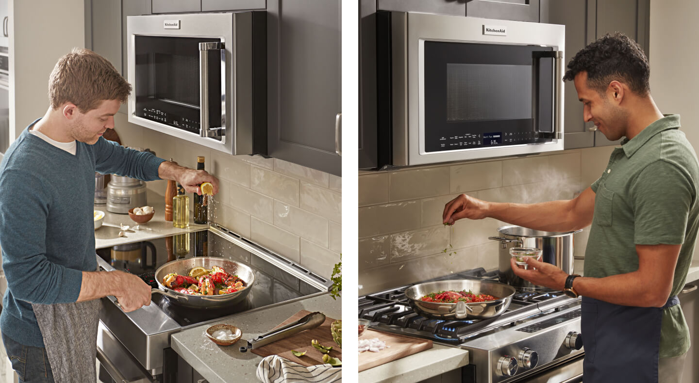Side-by-side images of men cooking on gas and electric stoves
