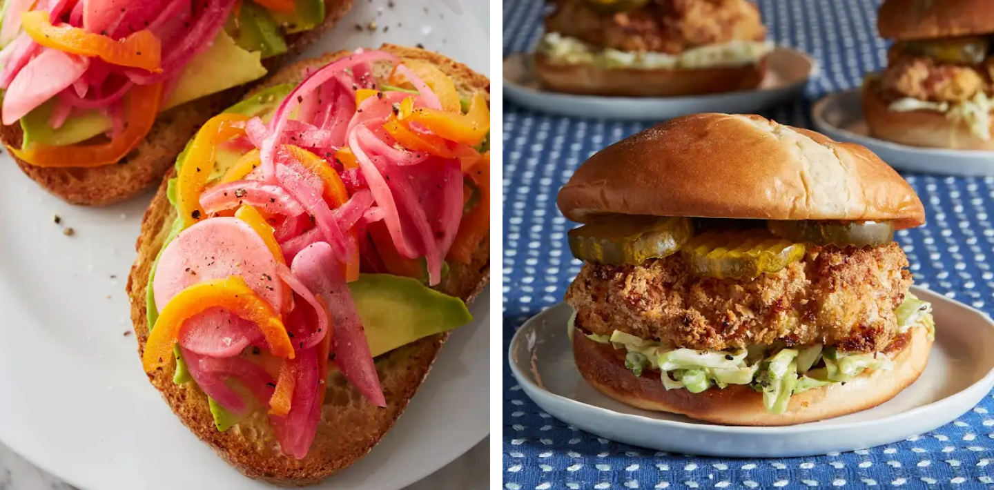 Pickled onion on avocado toast and pickle chips on a fried chicken sandwich