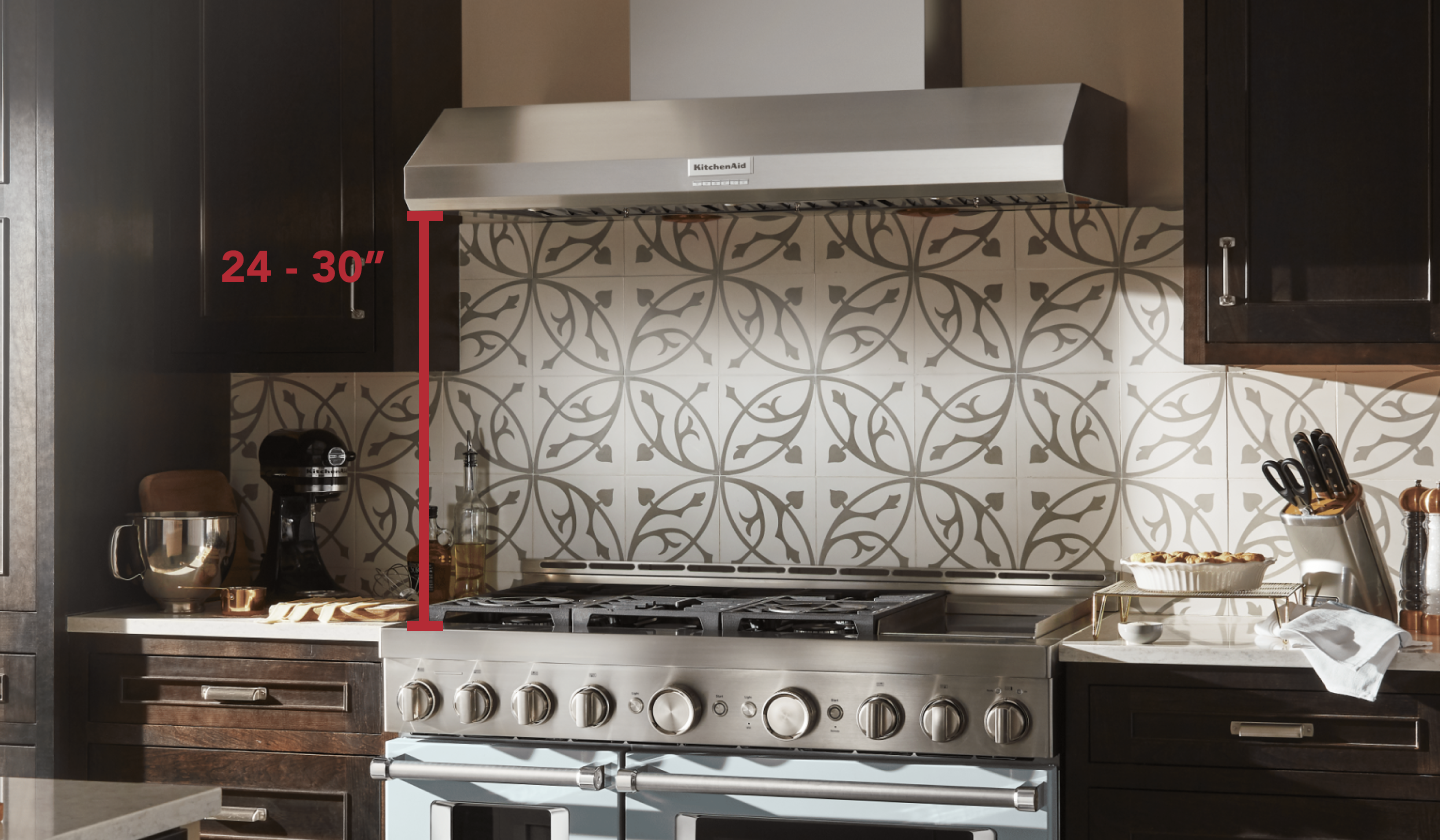 Stainless steel KitchenAid® range and range hood with measurements