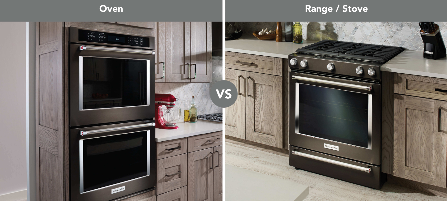 A side-by-side depiction of a double wall oven vs. a stove.