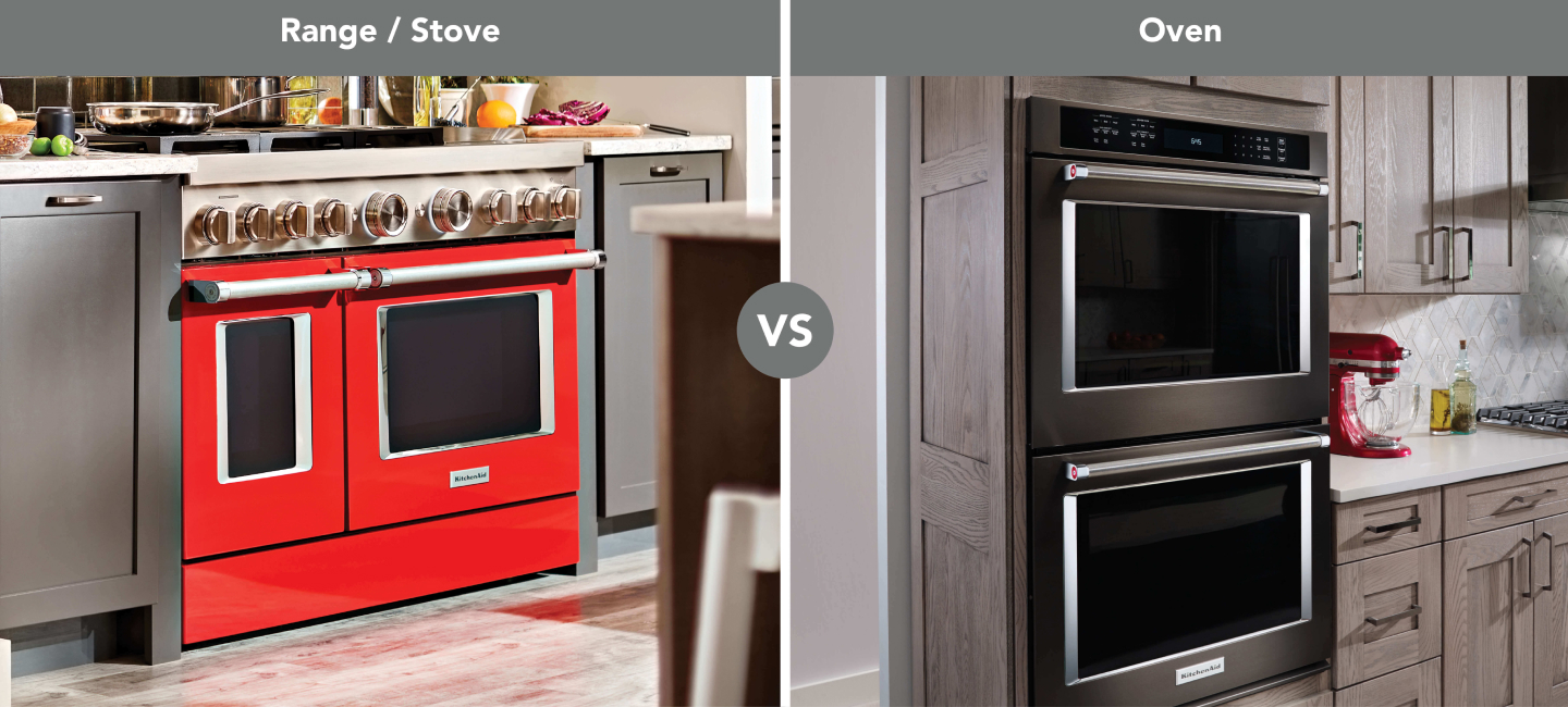 A side-by-side depiction of a range vs. an oven.