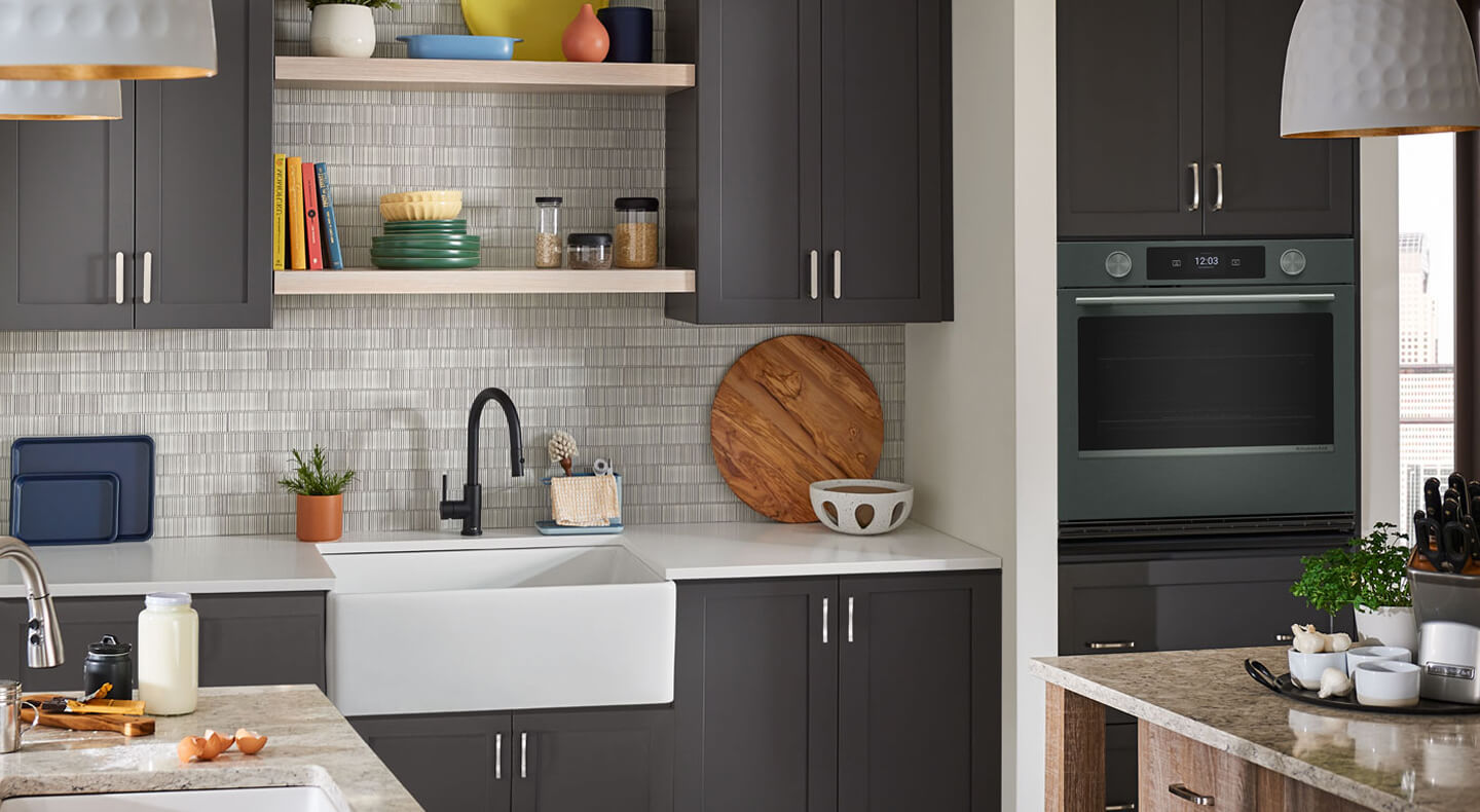 A kitchen with a KitchenAid® smart electric wall oven