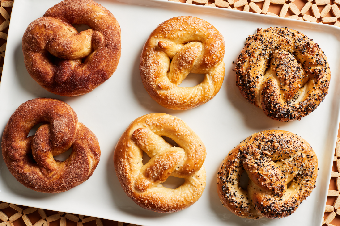 Platter of cinnamon sugar, salted and everything soft pretzels