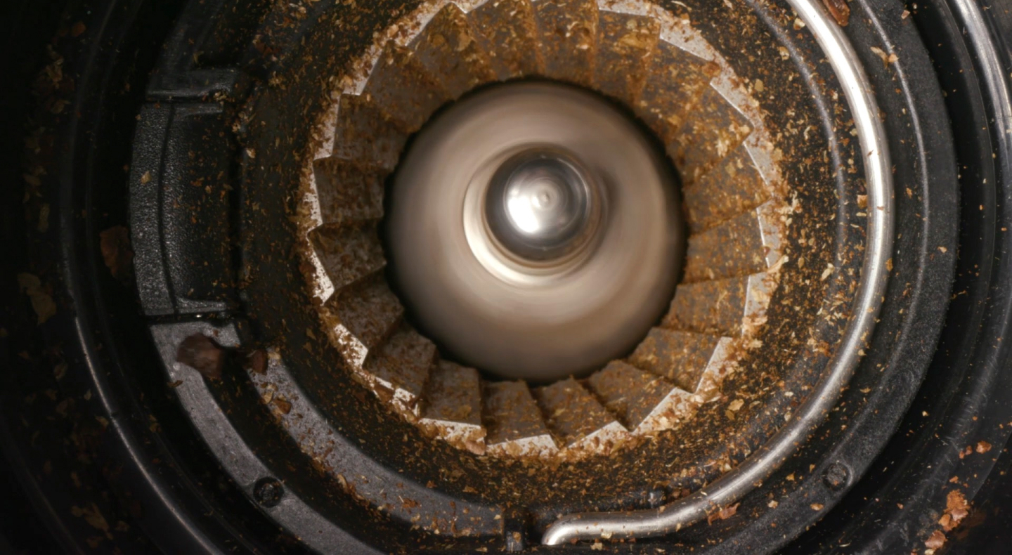 Close-up of coffee in a burr grinder