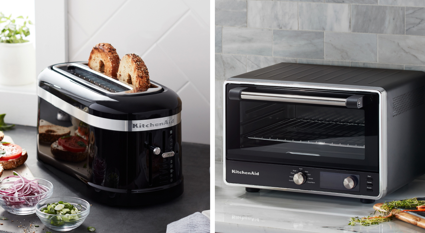 Black KitchenAid® toaster with bagels and KitchenAid® countertop oven