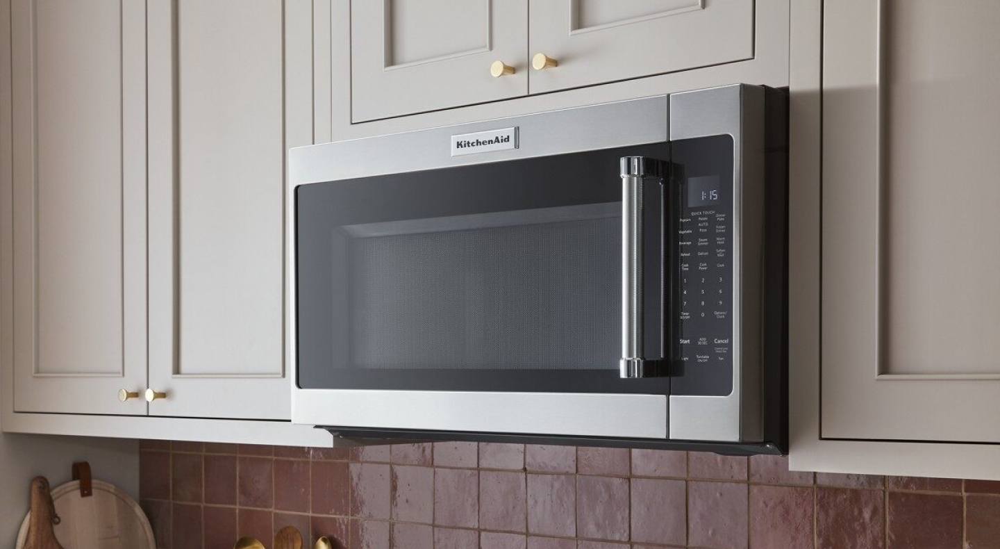 A KitchenAid over-the-range microwave