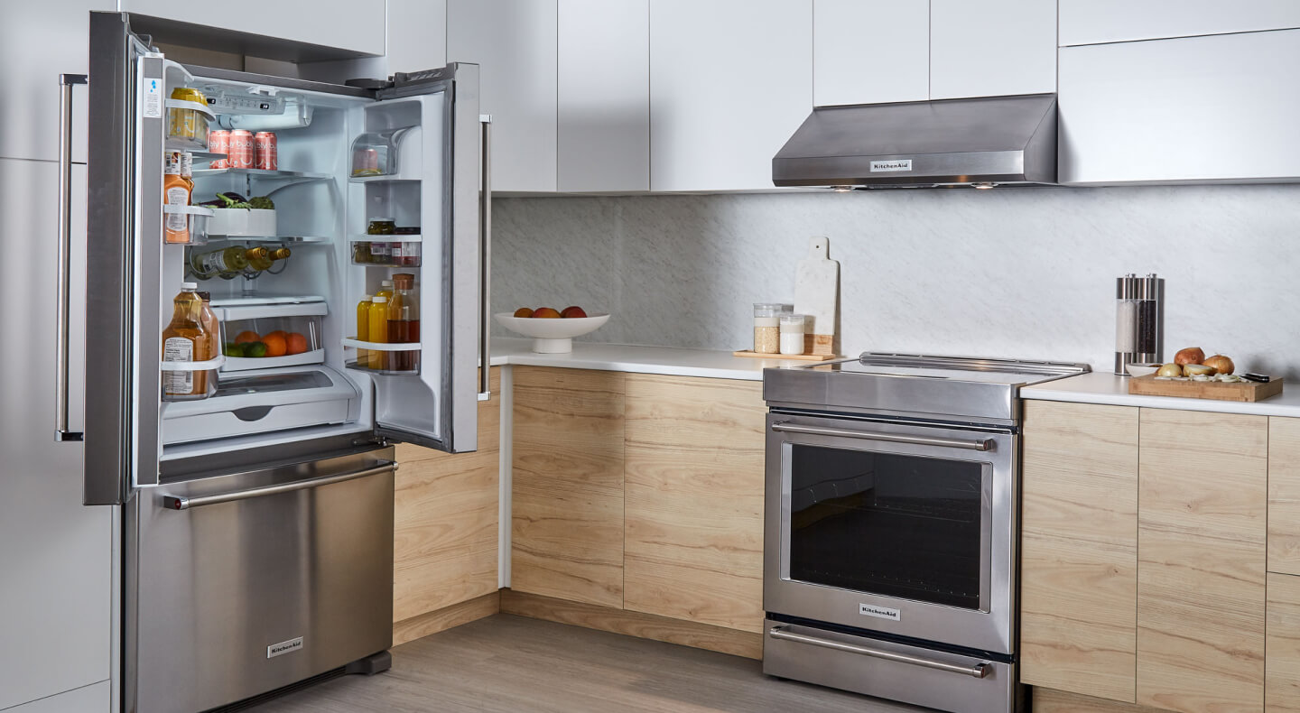 KitchenAid® french door refrigerator open to show contents