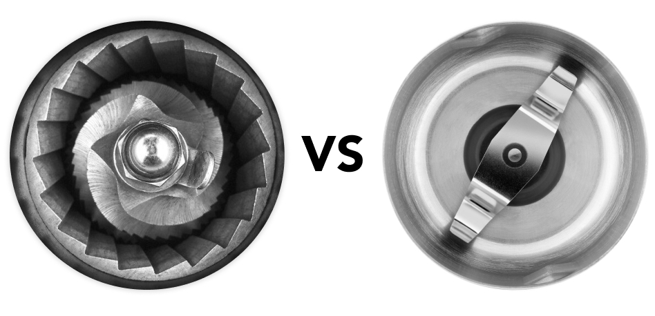 Burr coffee grinder interior next to blade grinder interior.