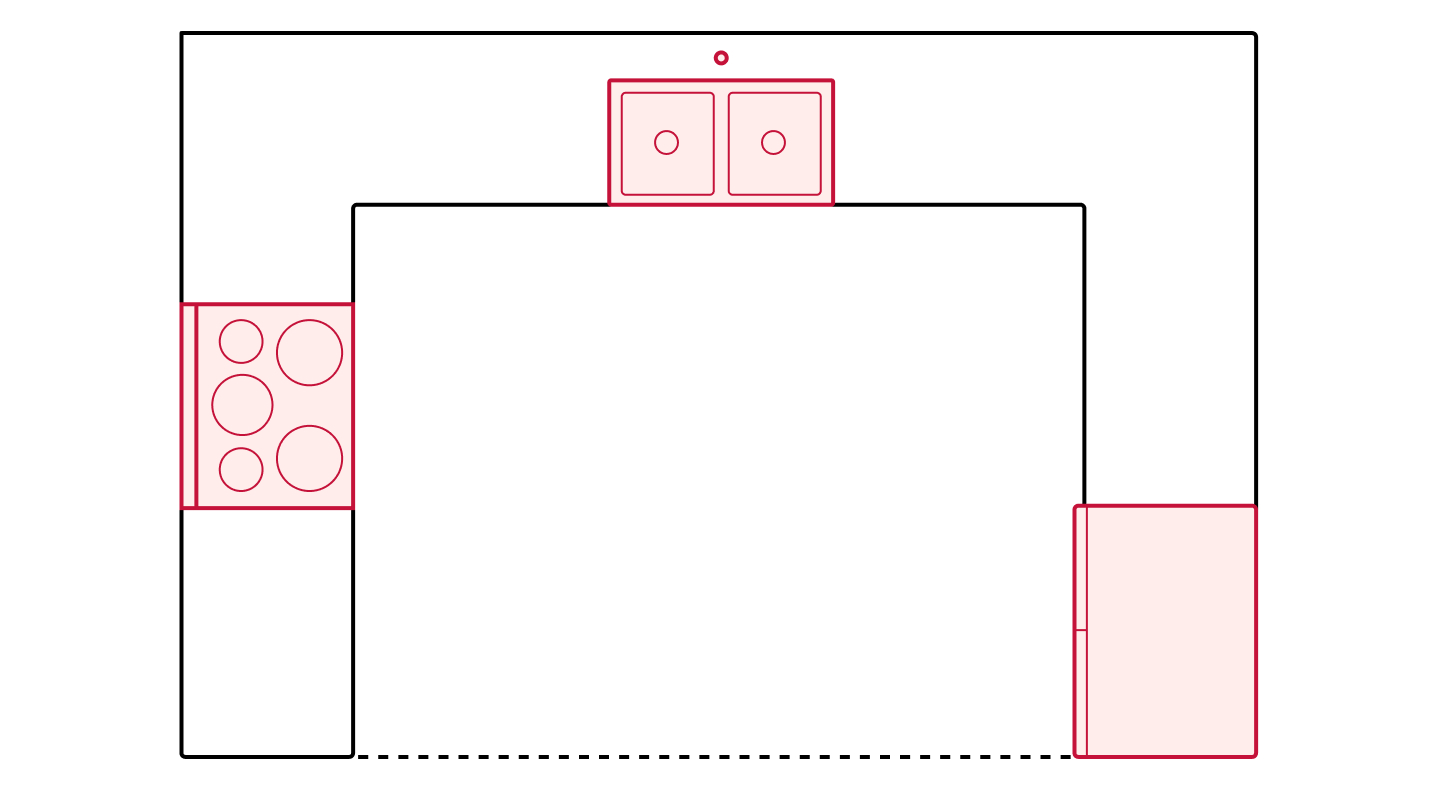 U-shaped kitchen floorplan drawing showing appliance placements