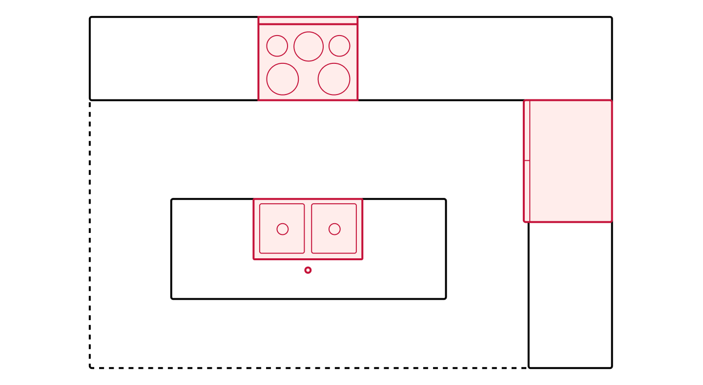 Island kitchen floorplan drawing showing appliance placements