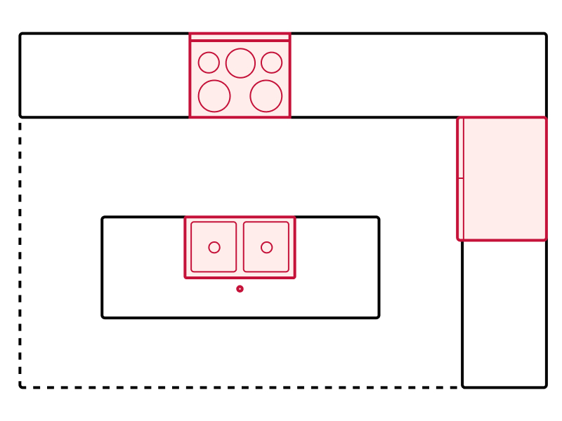 Island kitchen floorplan drawing showing appliance placements