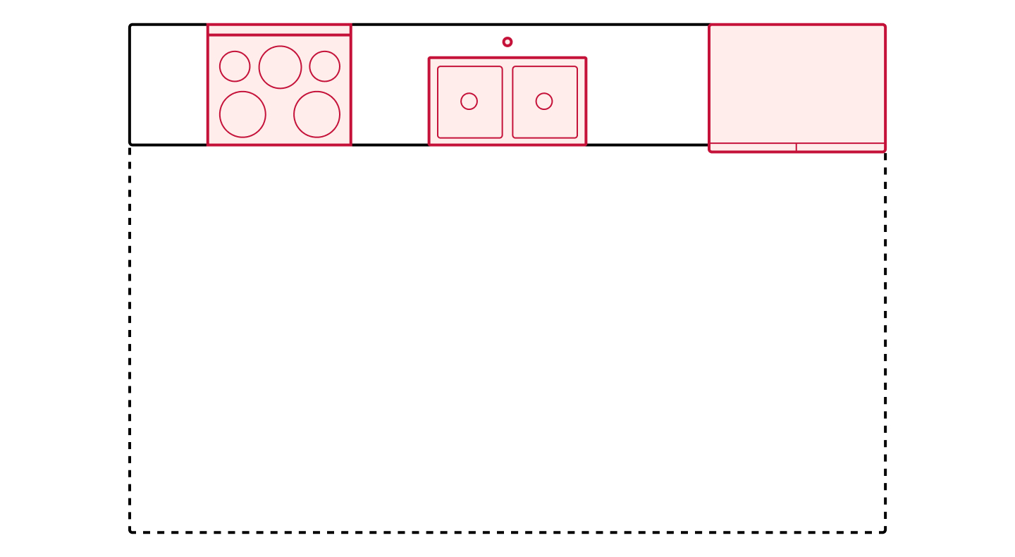 One-wall kitchen floorplan drawing showing appliance placements