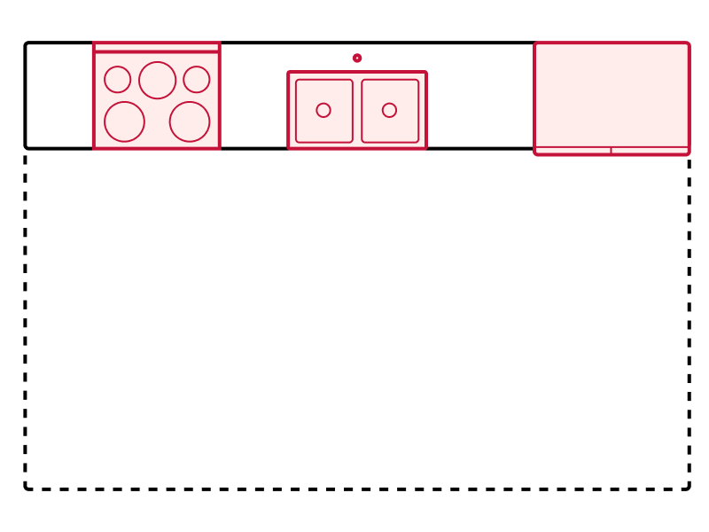 One-wall kitchen floorplan drawing showing appliance placements