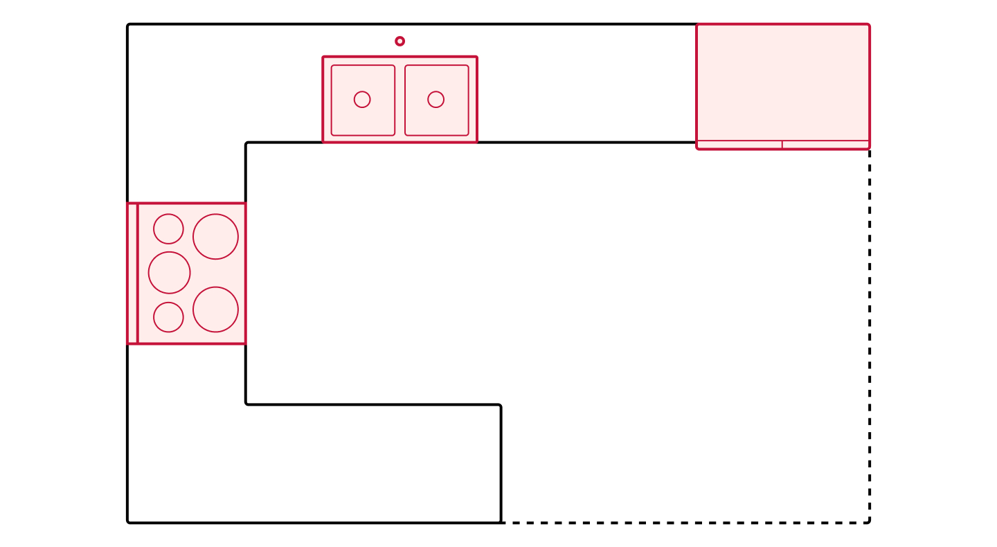 Peninsula kitchen floorplan drawing showing appliance placements