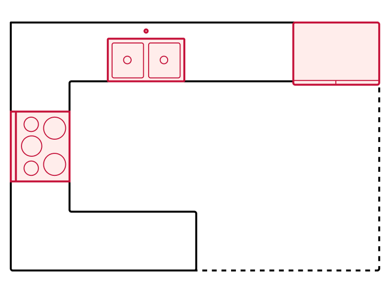 Peninsula kitchen floorplan drawing showing appliance placements