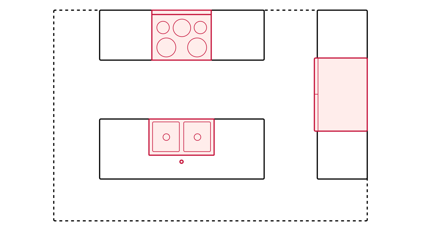 Open-concept kitchen floorplan drawing showing appliance placements