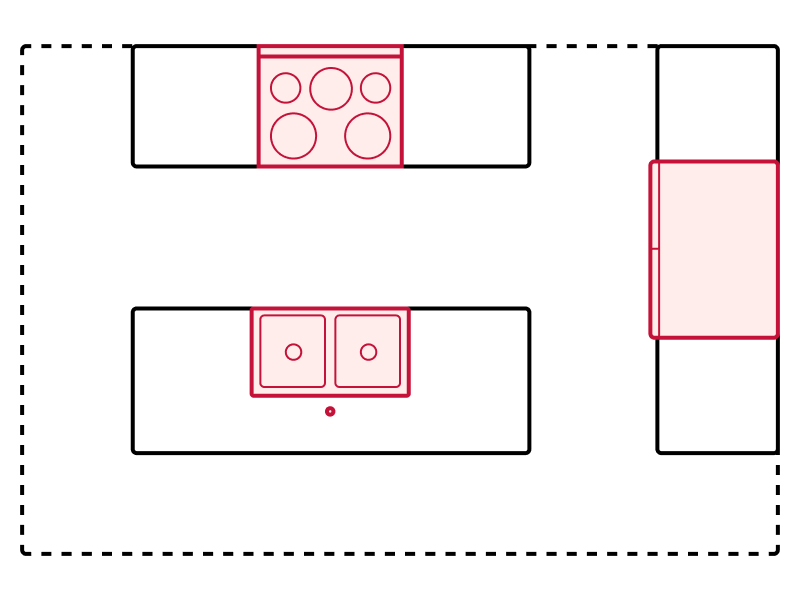 Open-concept kitchen floorplan drawing showing appliance placements