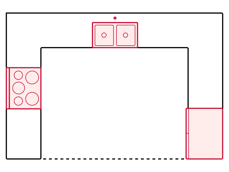 U-shaped kitchen floorplan drawing showing appliance placements