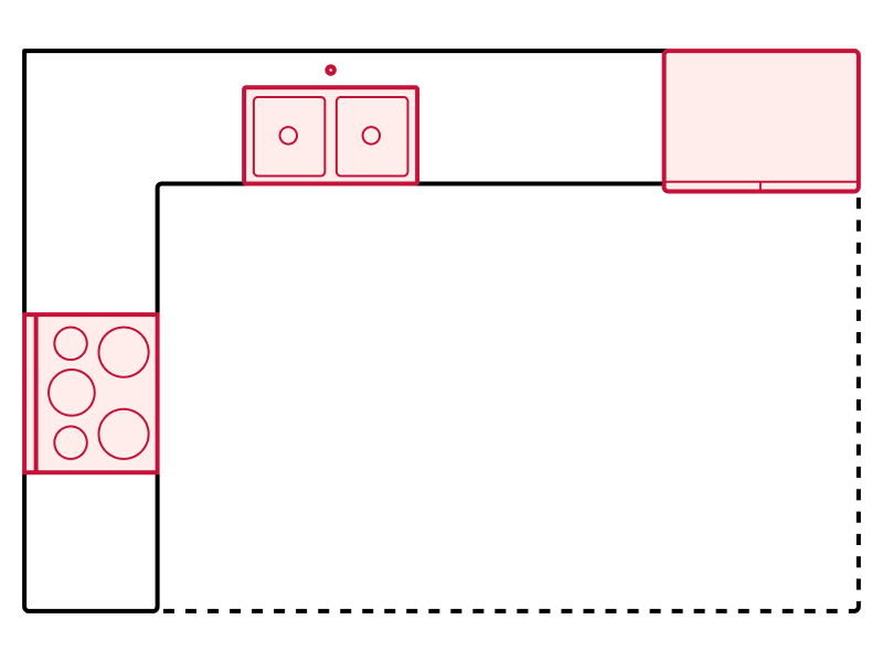 L-shaped kitchen floorplan drawing showing appliance placements