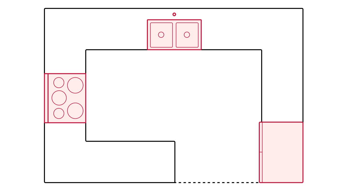 G-shaped kitchen floorplan drawing showing appliance placements