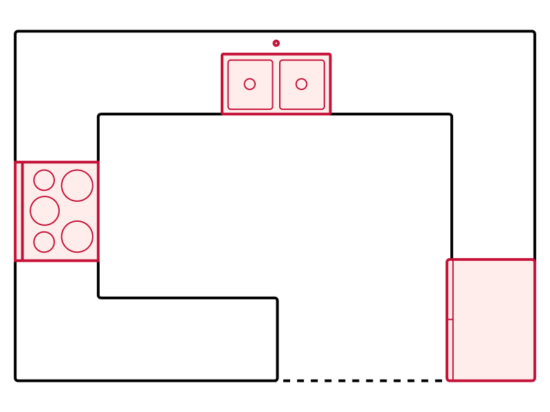 G-shaped kitchen floorplan drawing showing appliance placements