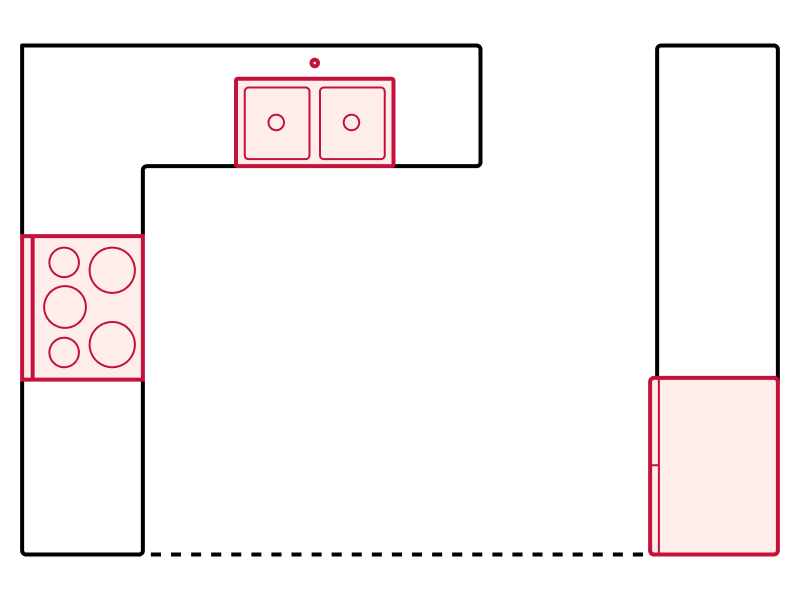 Broken U- or L-shaped kitchen floorplan drawing showing appliance placements
