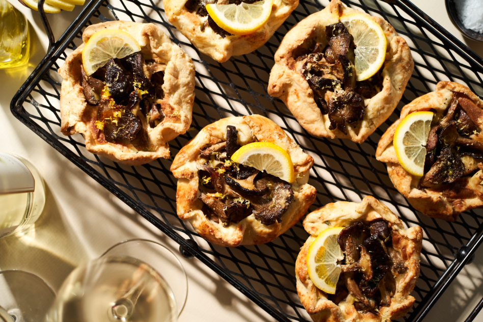 Mushroom galette pastries on a rack