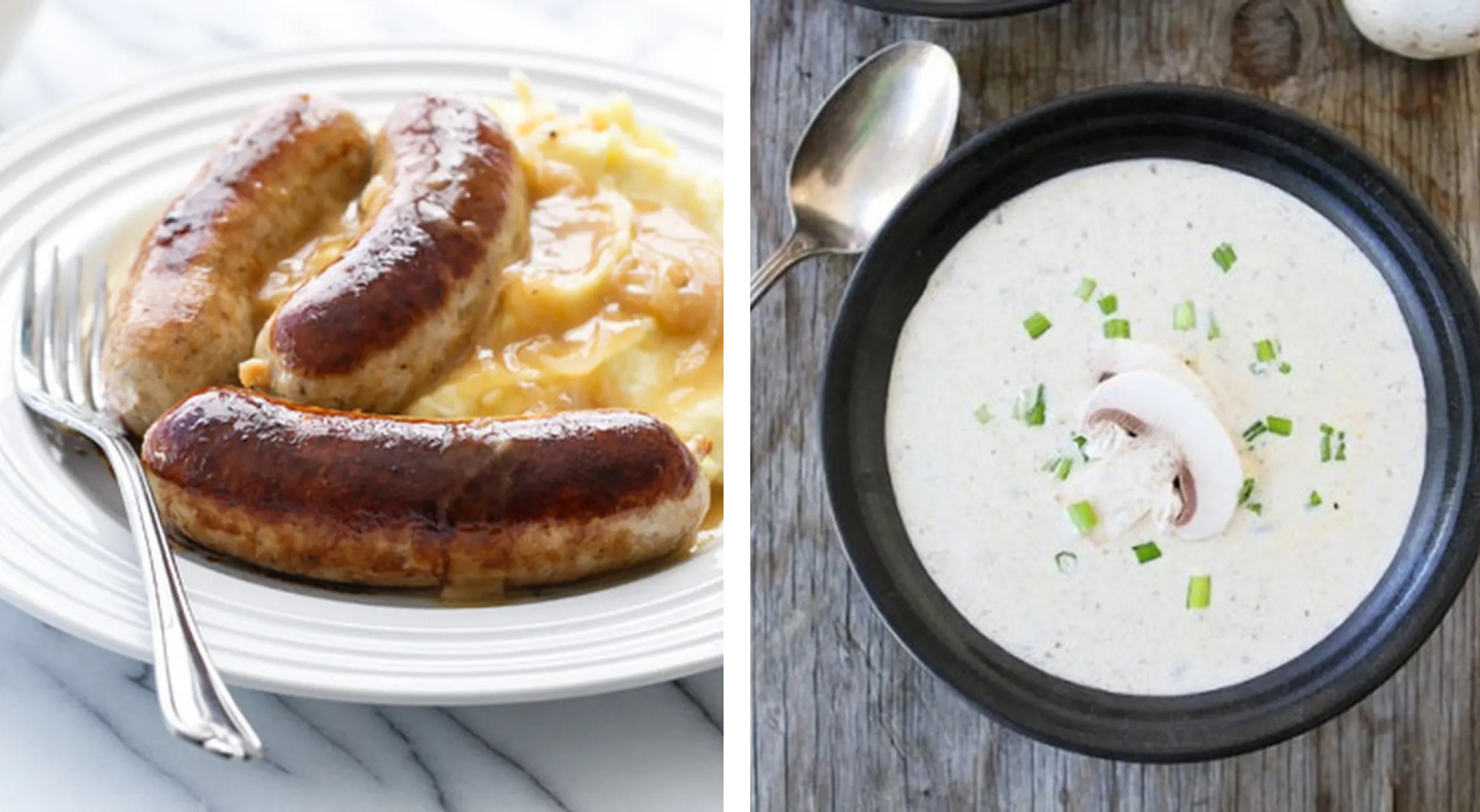 Chicken bangers on mashed potatoes, bowl of soup