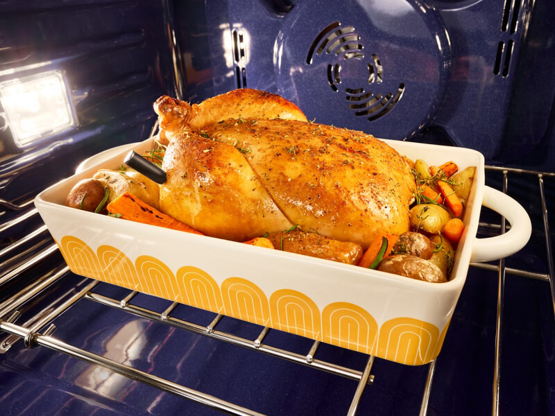 Roast chicken and vegetables inside of an oven cavity