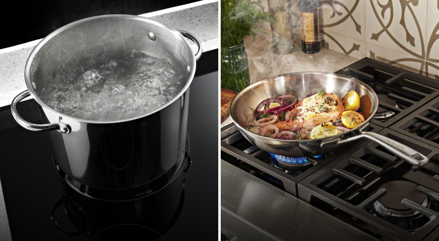Split image of water boiling in a stockpot next to fish, onions and lemons simmering above a gas stovetop flame