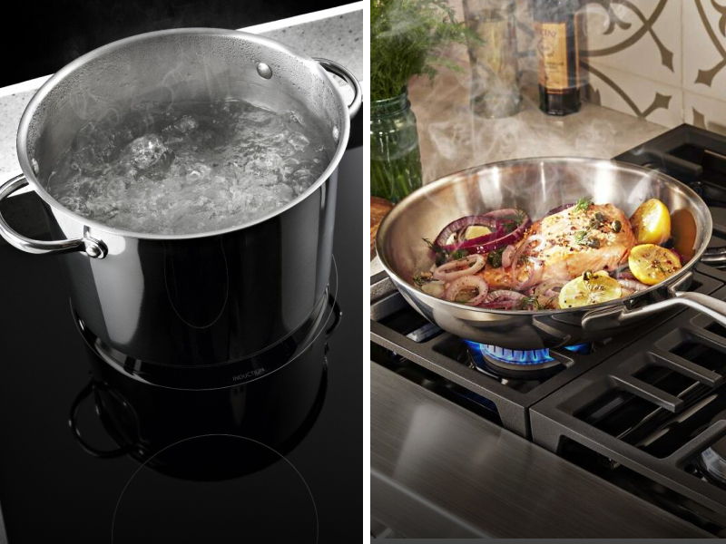 Split image of water boiling in a stockpot next to fish, onions and lemons simmering above a gas stovetop flame