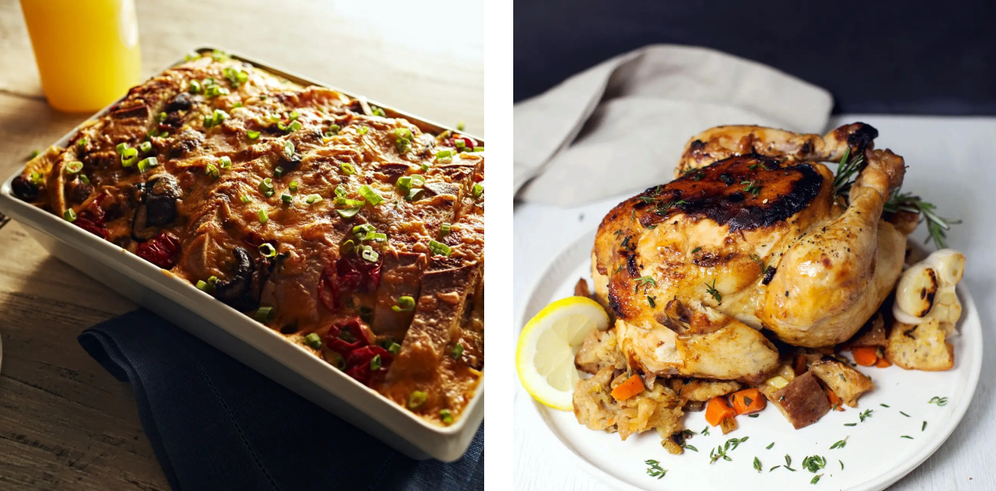 Breakfast strata and sourdough stuffing with chicken
