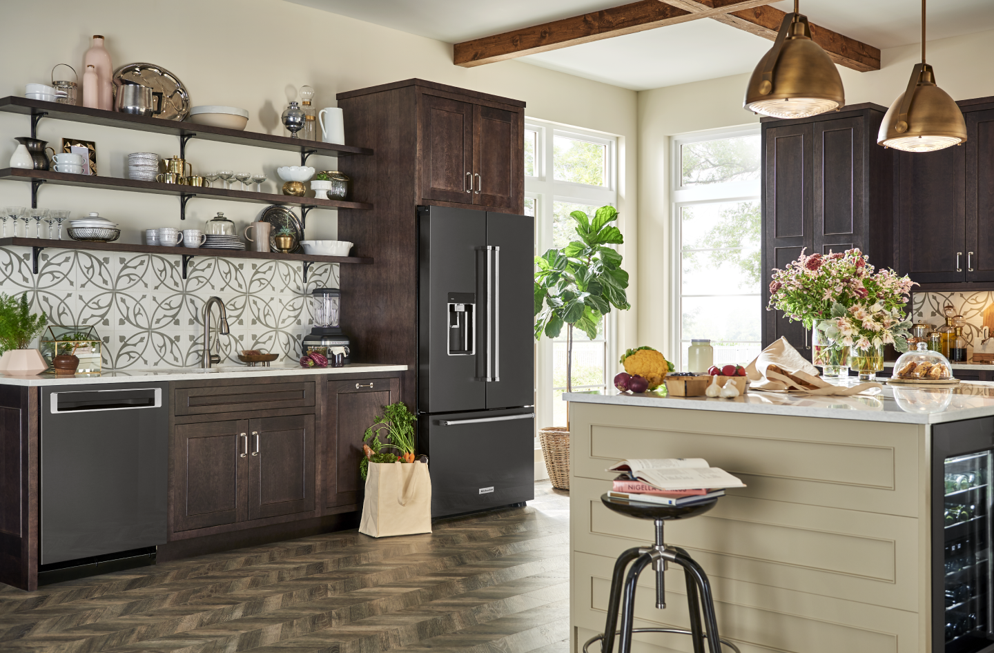 Black french door refrigerator in kitchen with coordinating colors