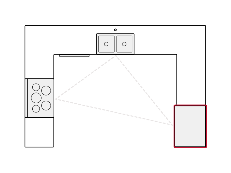 Diagram showing refrigerator placement in U-shaped kitchen