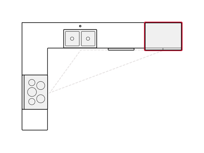 Diagram showing refrigerator placement in L-shaped kitchen