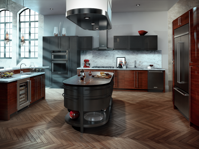 Built-in black refrigerator across from island in U-shaped kitchen