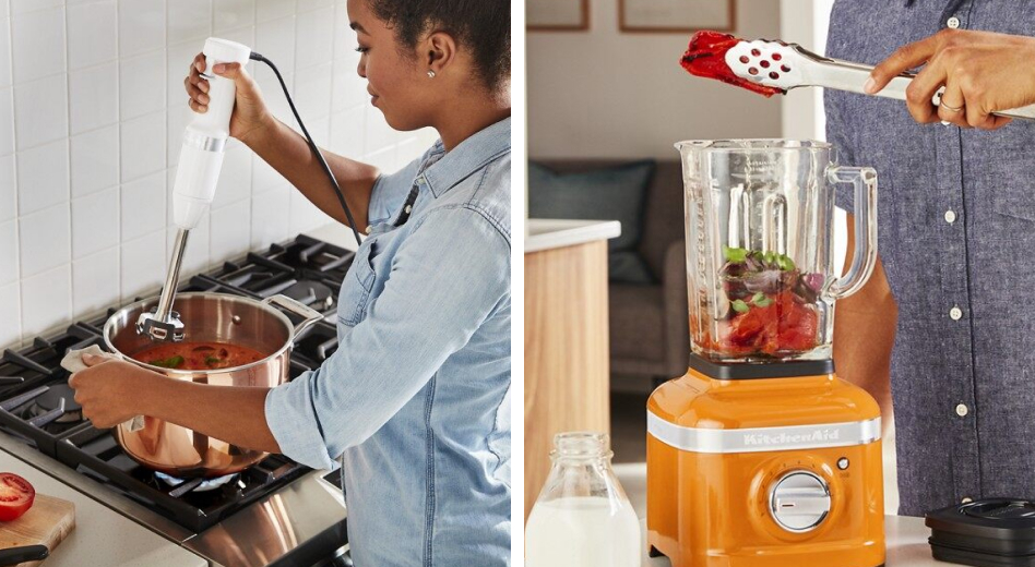  Woman blending soup with immersion blender vs countertop blender being used by a man