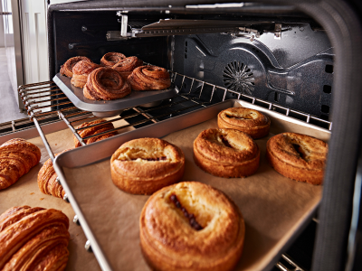 Baked goods on the inside of an oven