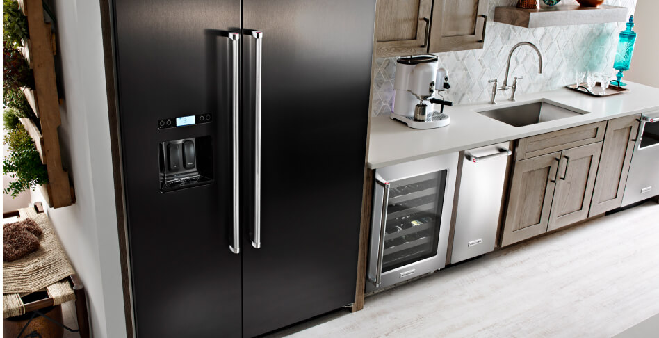 Stainless steel side-by-side refrigerator and undercounter wine refrigerator
