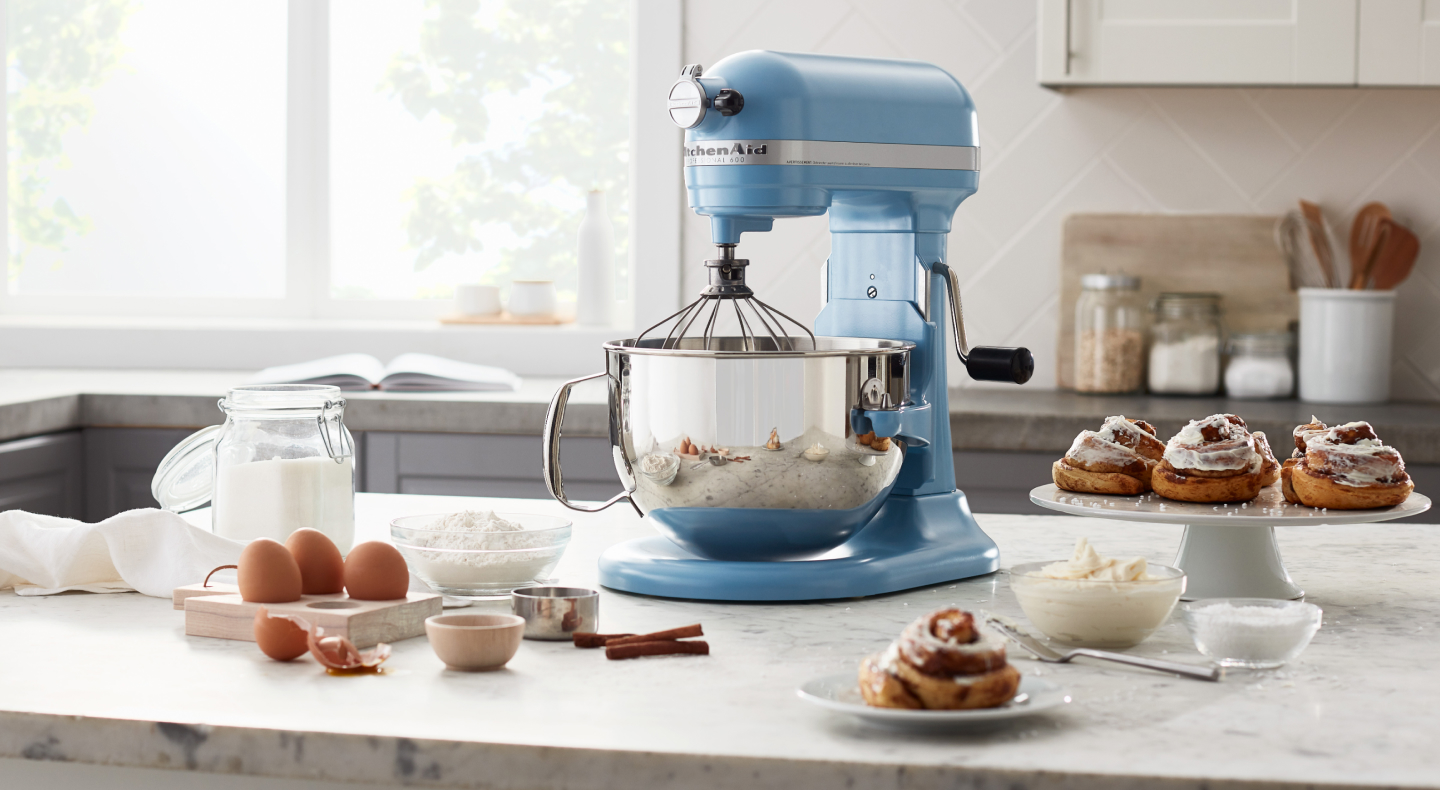KitchenAid® stand mixer with glazed cinnamon rolls