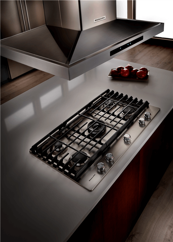 Island-mounted range hoods from KitchenAid.